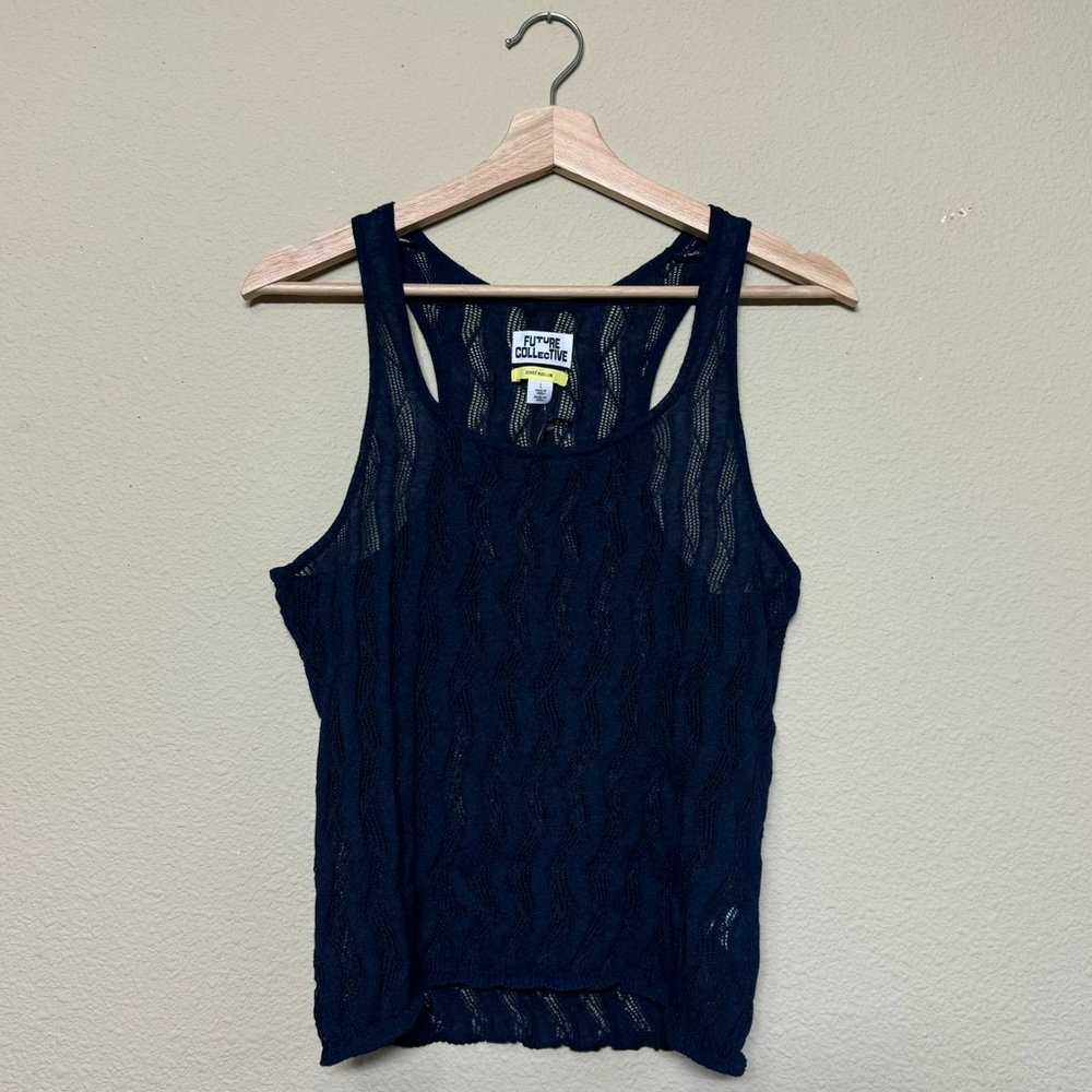 Future Collective top women large cotton blend sheer cable knit tank blue